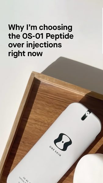 A high-contrast, minimalist image featuring a topical peptide serum bottle on a wooden tray with bold text comparing it to clinical injections.